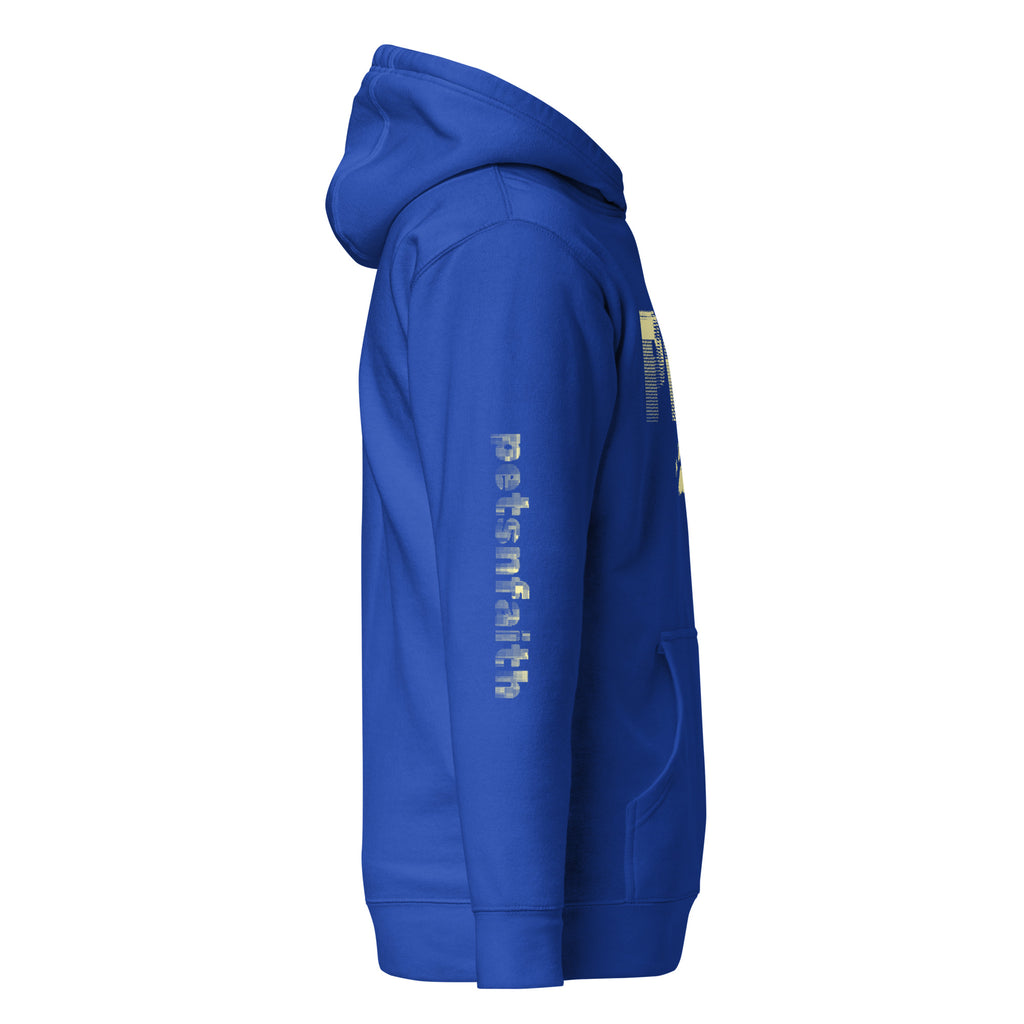 Right side view of royal blue Unisex Pets N’ Faith Hoodie with “Pets N Faith” sleeve print