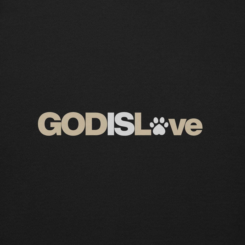 Black unisex sweatshirt featuring the GOD IS LOVE design with a paw print in place of the ‘O’ in ‘Love’ by Pets N’ Faith