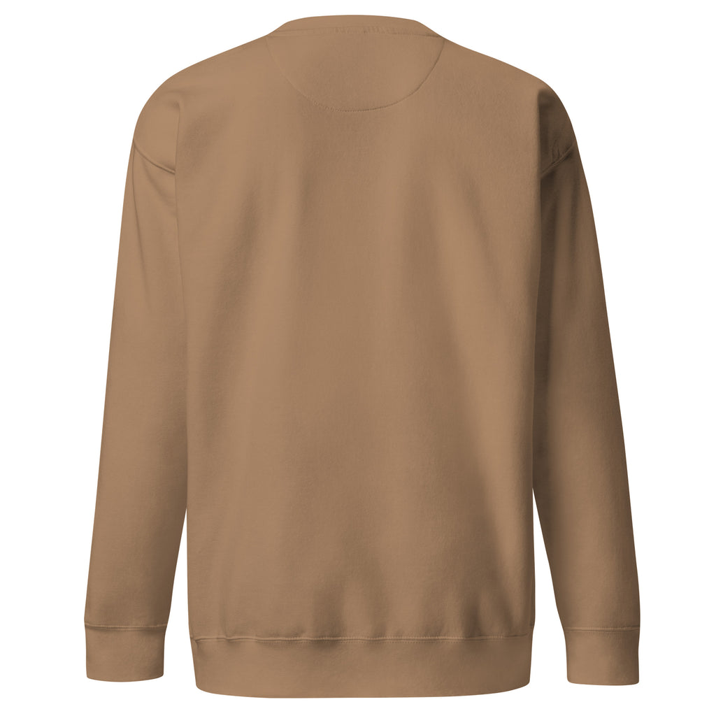 Latte unisex sweatshirt with colorful FAVORED typography and Luke 1:28 scripture reference, designed by Pets N’ Faith.