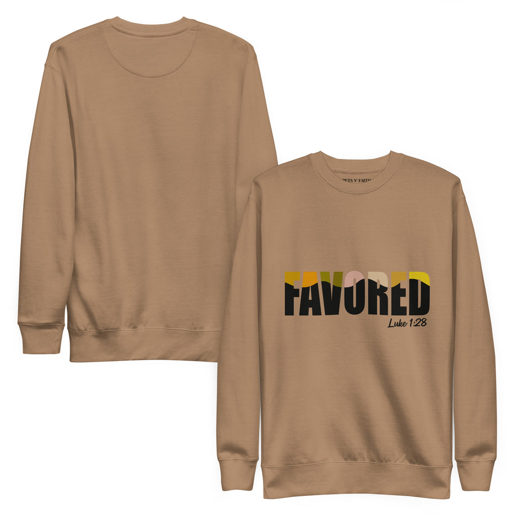 Latte unisex sweatshirt with colorful FAVORED typography and Luke 1:28 scripture reference, designed by Pets N’ Faith.