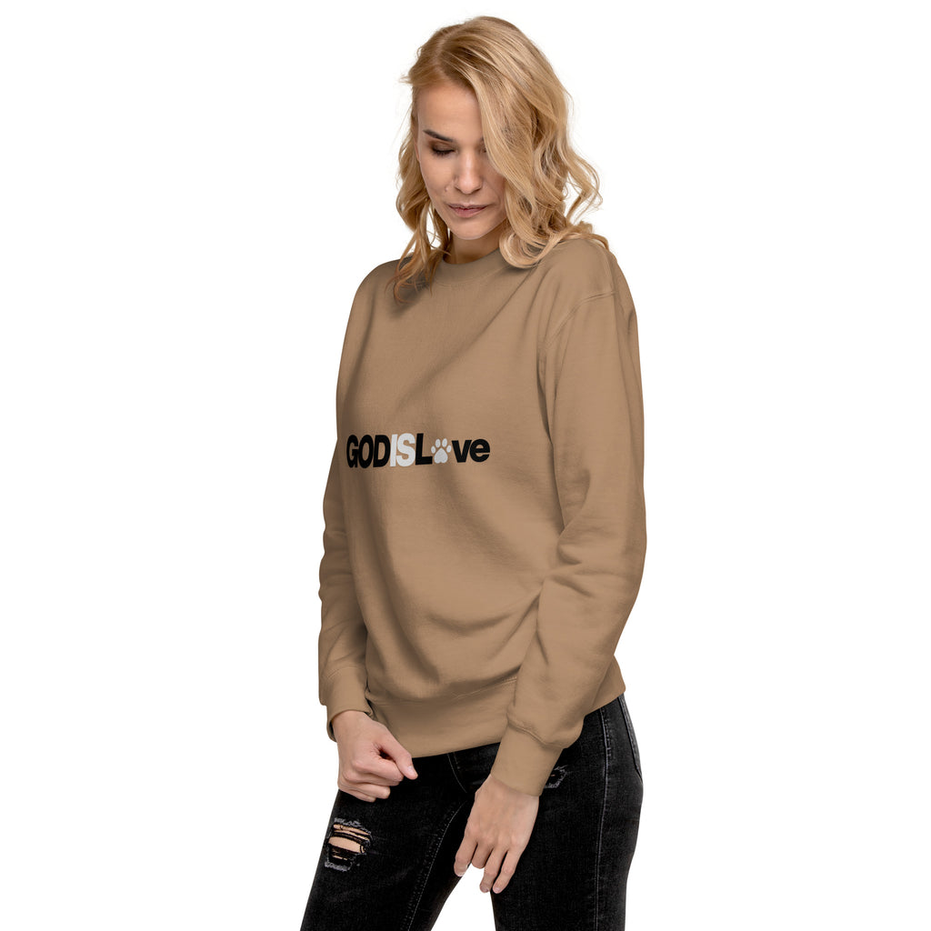 Latte-colored unisex sweatshirt with bold GOD IS LOVE lettering and a paw print replacing the ‘O’ in ‘Love,’ part of the Pets N’ Faith collection