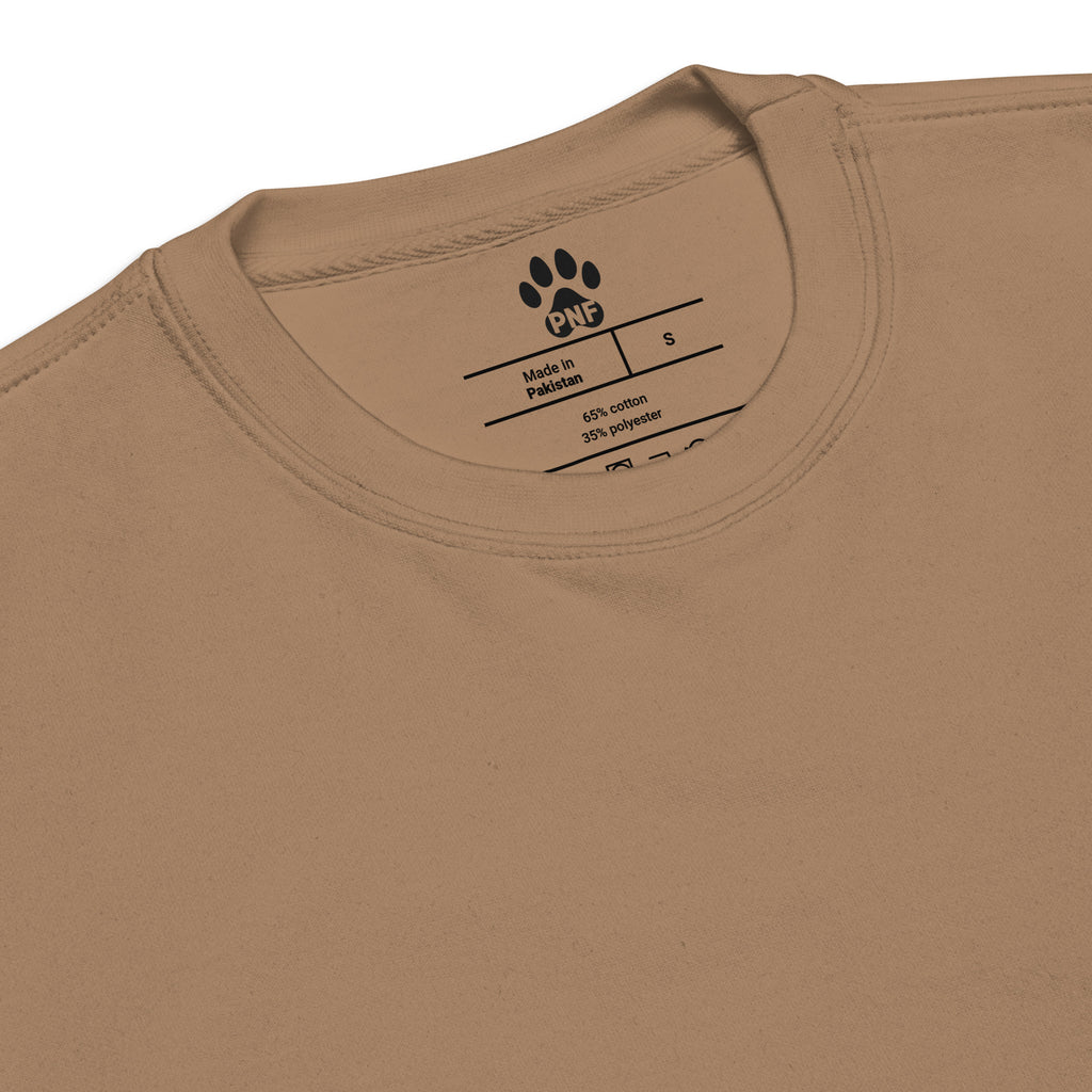 Latte-colored unisex sweatshirt with bold GOD IS LOVE lettering and a paw print replacing the ‘O’ in ‘Love,’ part of the Pets N’ Faith collection