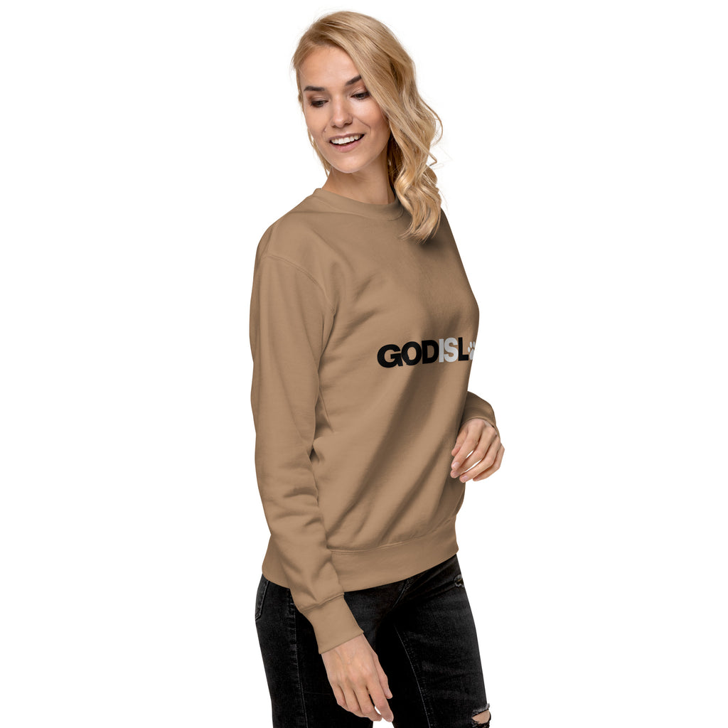 Latte-colored unisex sweatshirt with bold GOD IS LOVE lettering and a paw print replacing the ‘O’ in ‘Love,’ part of the Pets N’ Faith collection
