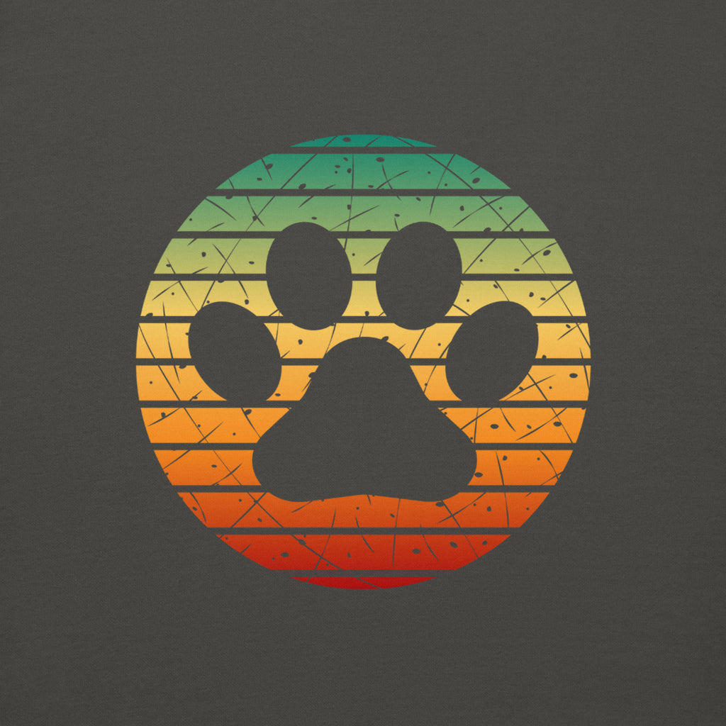 Vintage black unisex sweatshirt with a retro sunset-style paw print and PETS N’ FAITH text on the sleeve.