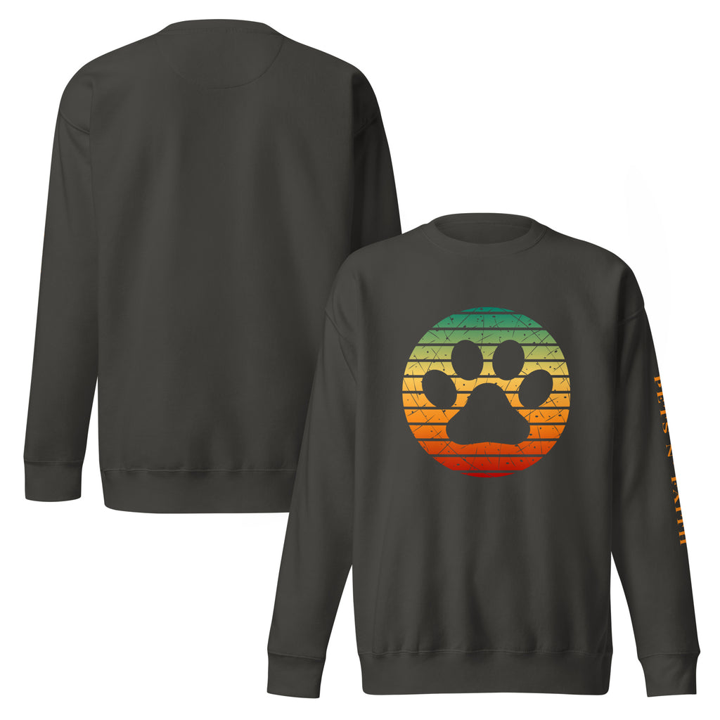 Vintage black unisex sweatshirt with a retro sunset-style paw print and PETS N’ FAITH text on the sleeve.