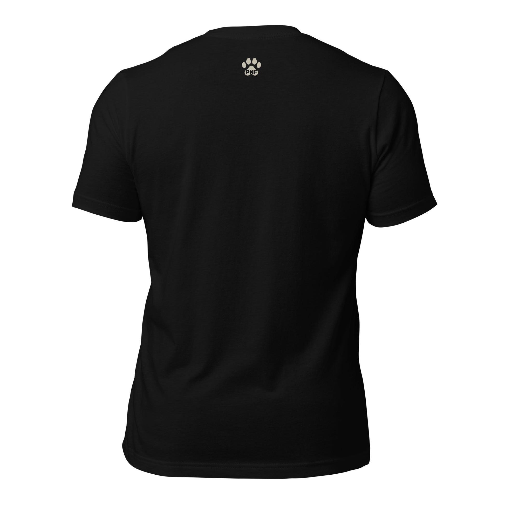 Black t-shirt with a paw print logo on the back against a white background