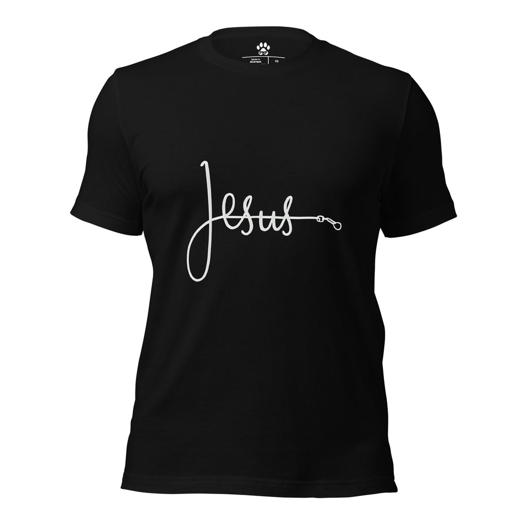Front view of black unisex Christian t-shirt with bold font of 'Jesus', with the 'J' made from a pet leash