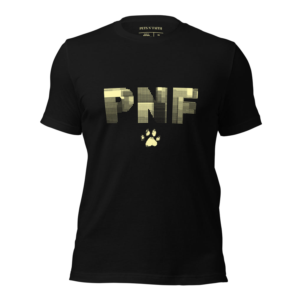 Front view of black Pets N Faith unisex Christian t-shirt with large PNF logo design.