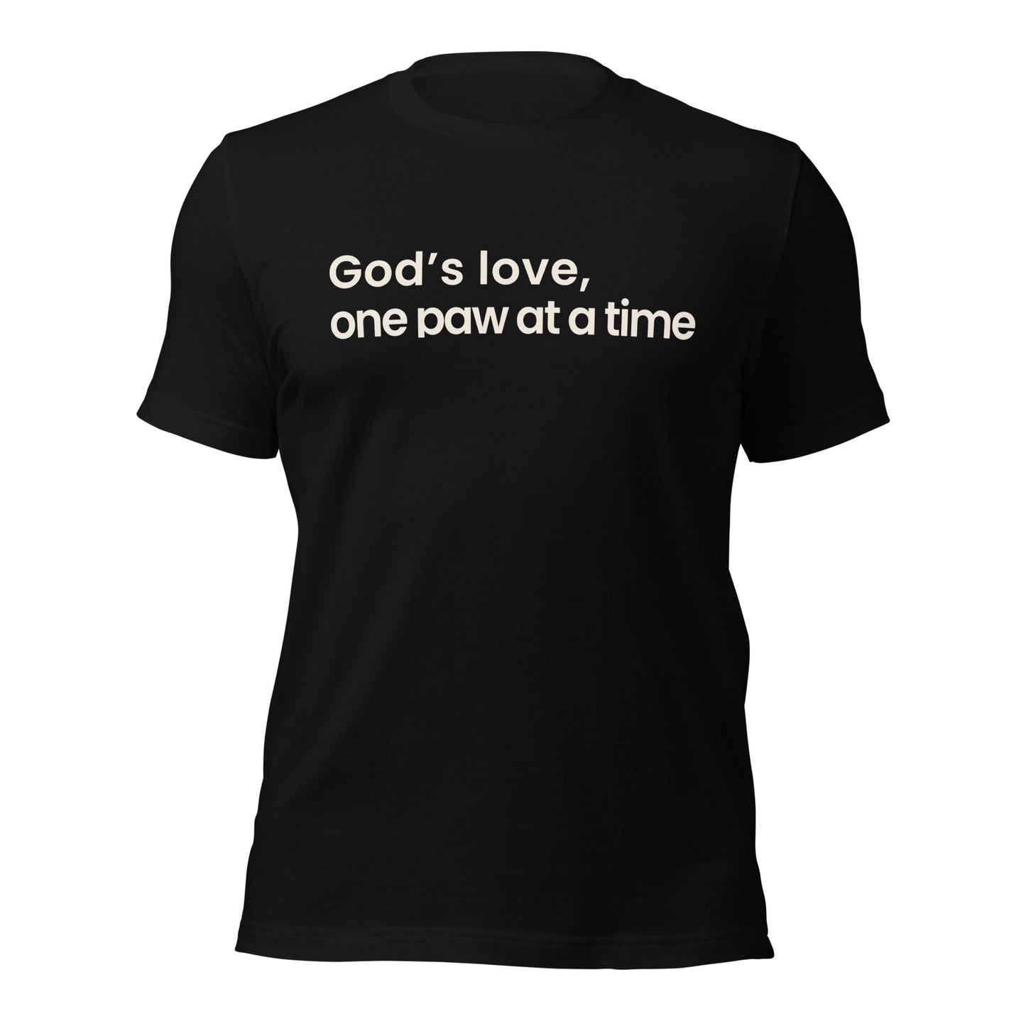 Black t-shirt with white text 'God's love, one paw at a time' on a white background