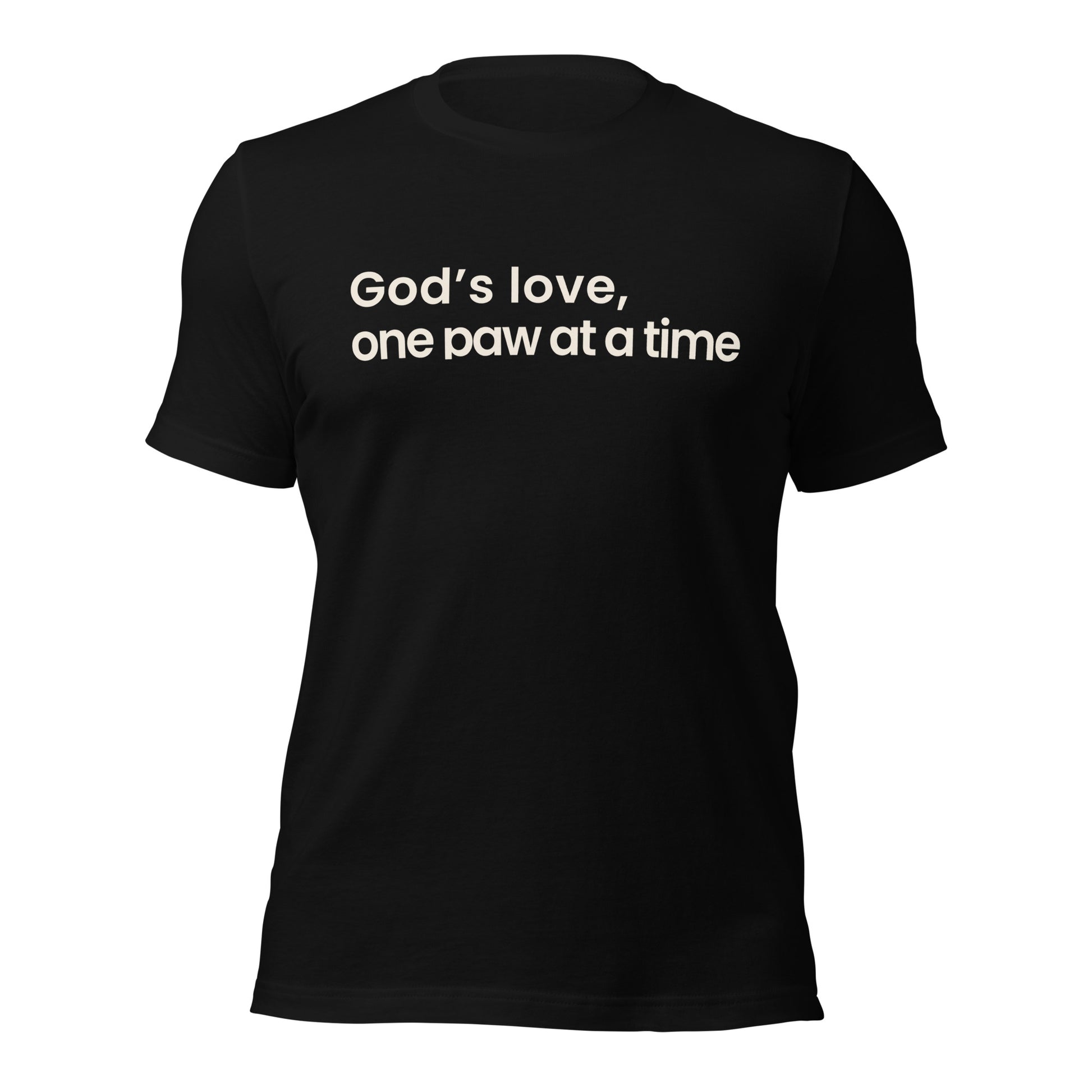 Black t-shirt with white text 'God's love, one paw at a time' on a white background