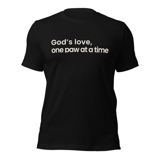 Black t-shirt with white text 'God's love, one paw at a time' on a white background