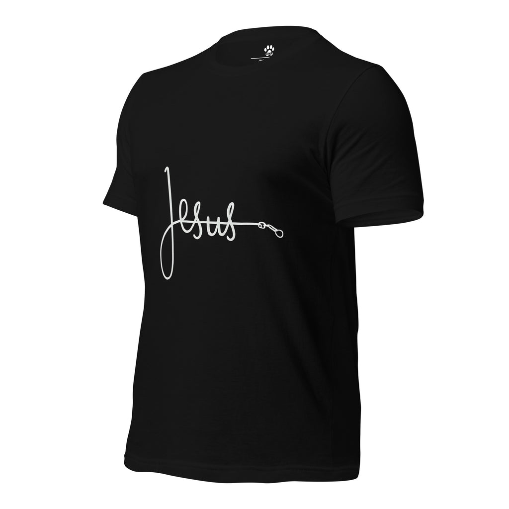 Front view of black unisex Christian t-shirt with bold font of 'Jesus', with the 'J' made from a pet leash