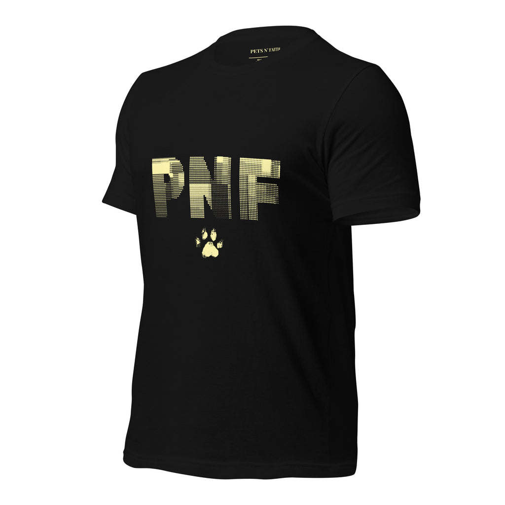 Front view of black Pets N Faith unisex Christian t-shirt with large PNF logo design.