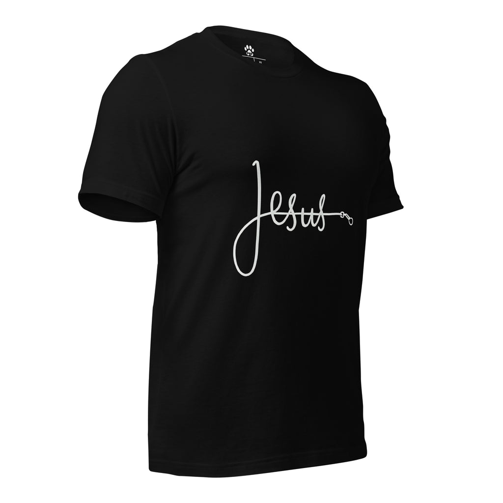 Front view of black unisex Christian t-shirt with bold font of 'Jesus', with the 'J' made from a pet leash