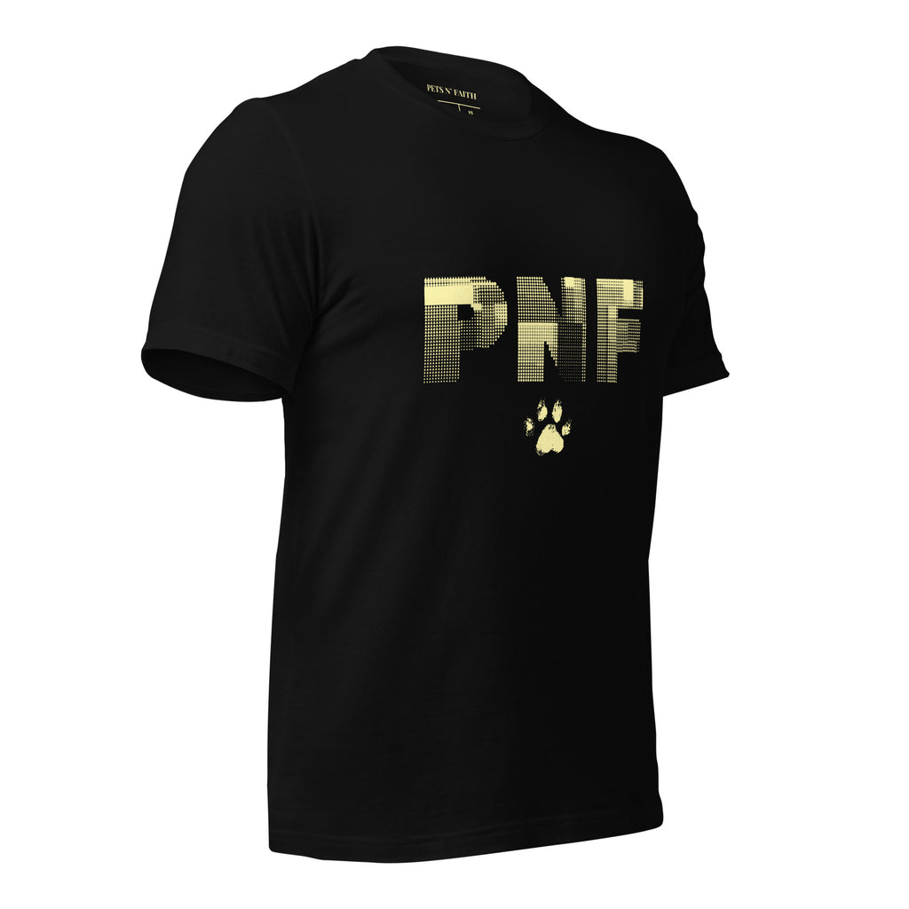 Front view of black Pets N Faith unisex Christian t-shirt with large PNF logo design.
