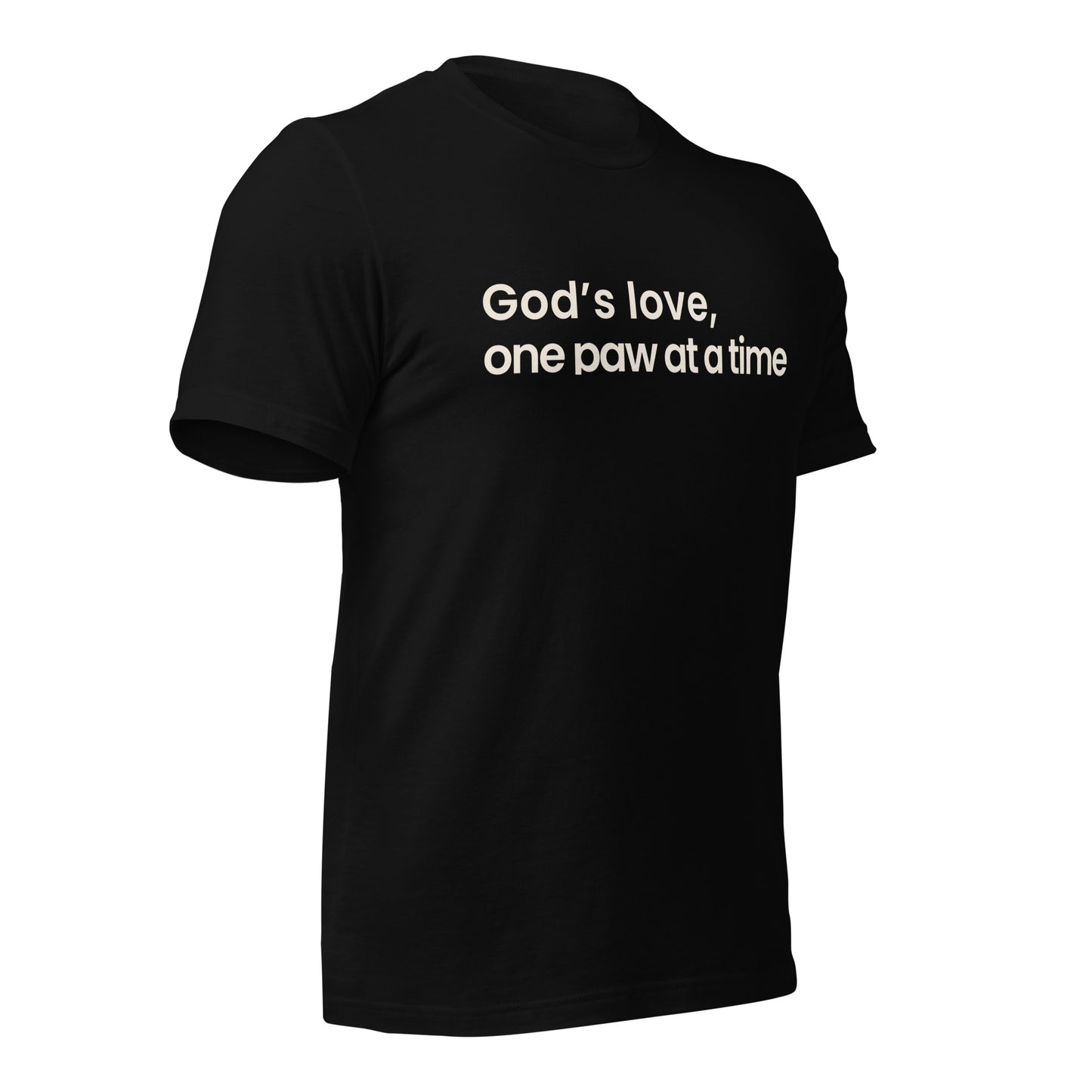 Black t-shirt with white text 'God's love, one paw at a time' on a white background