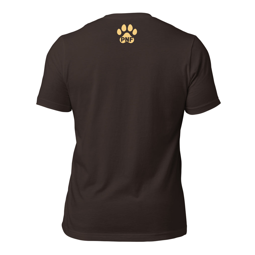 Back view of brown unisex Christian t-shirt with paw logo design.