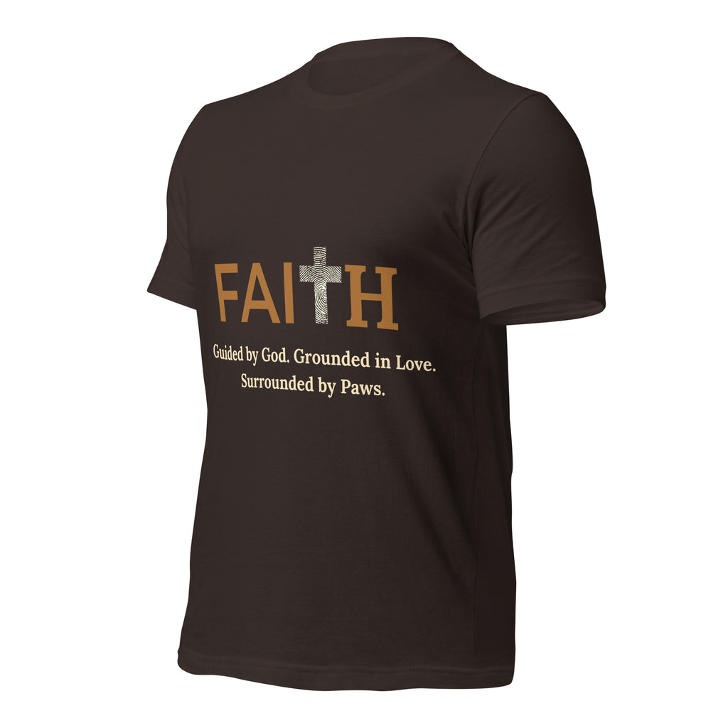 Abgled view of black unisex Christian t-shirt with bold FAITH text, cross, and pawprints.