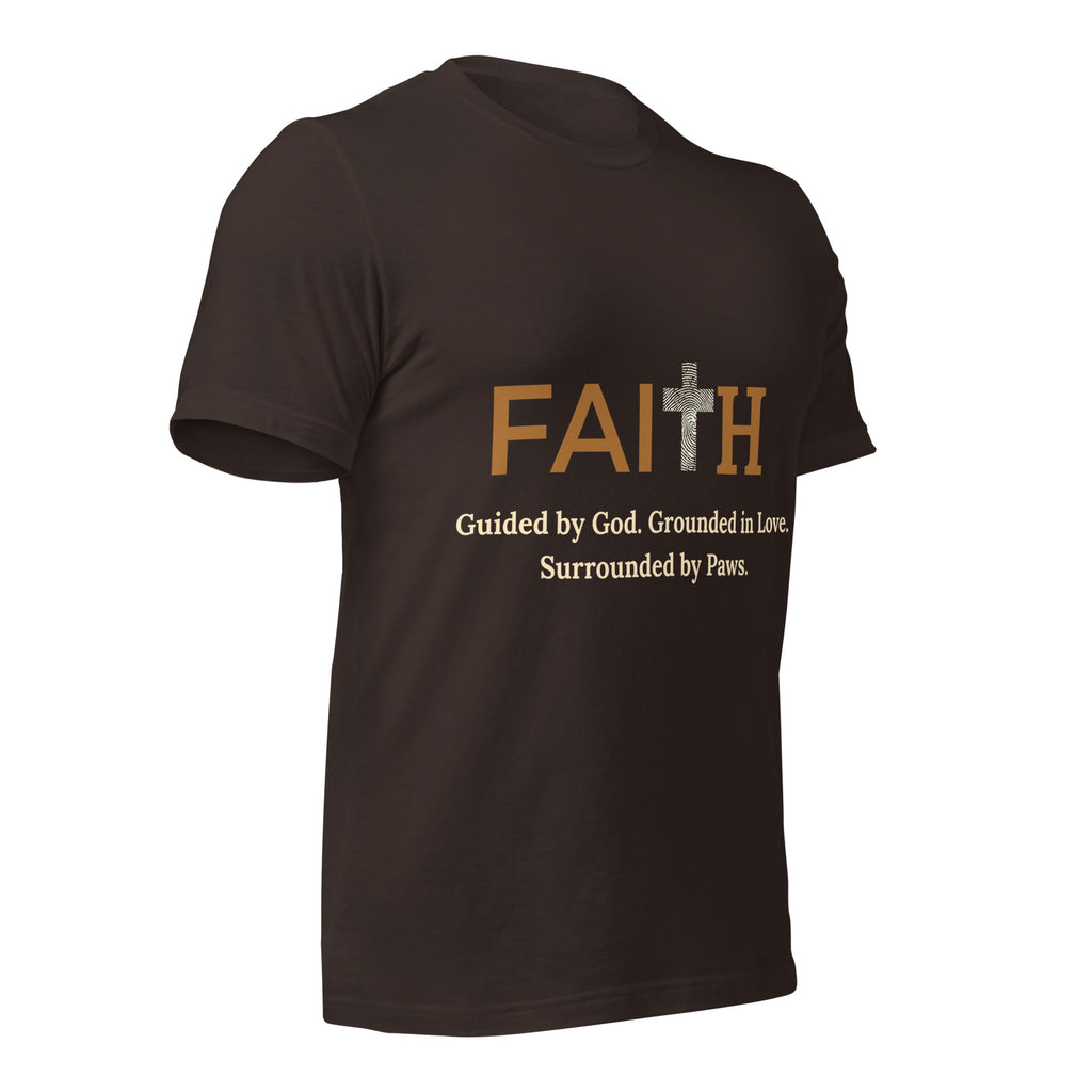 Side view of black unisex Christian t-shirt with bold FAITH text, cross, and pawprints.
