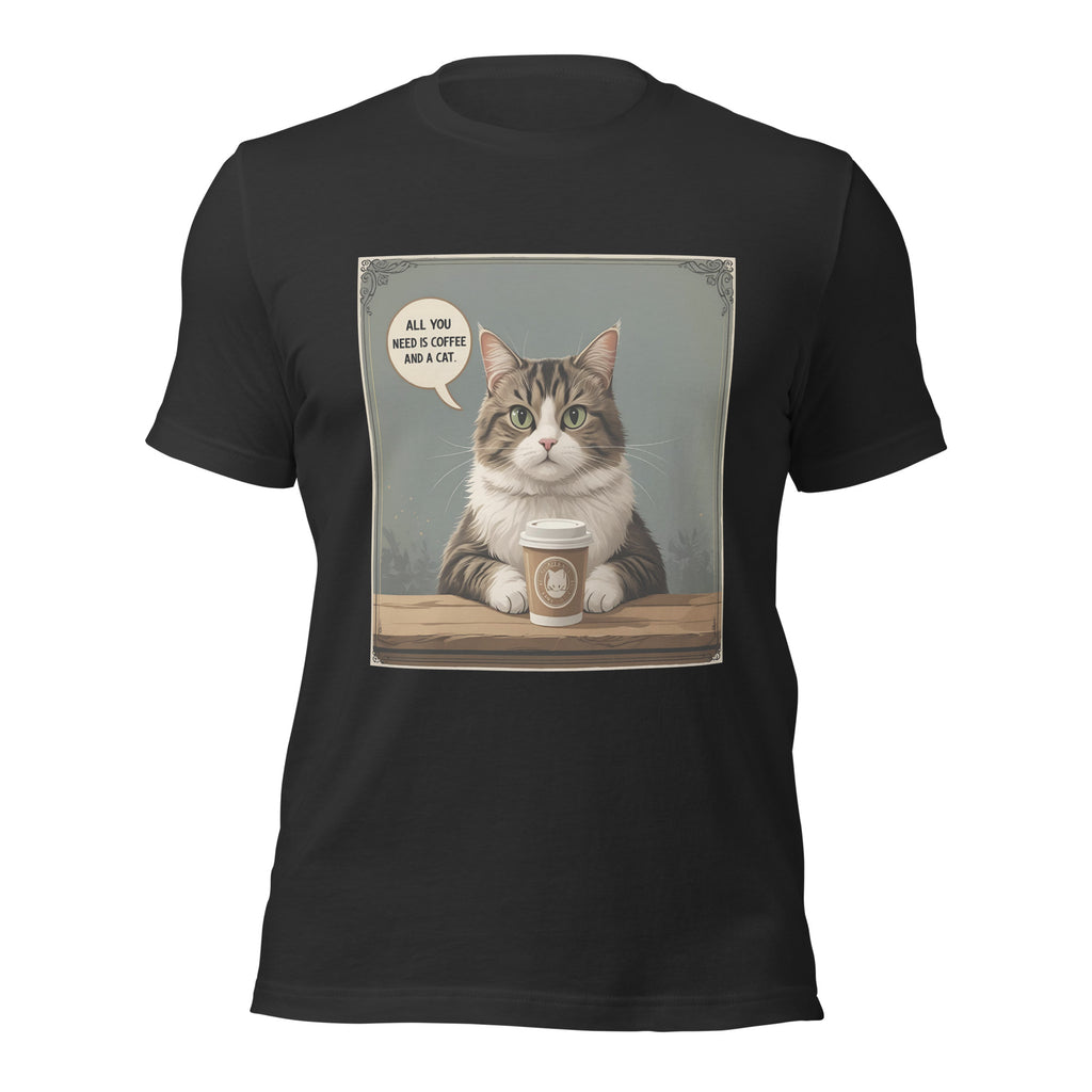 Front view of dark gray Christian pet lover unisex t-shirt featuring cat and coffee cup design.