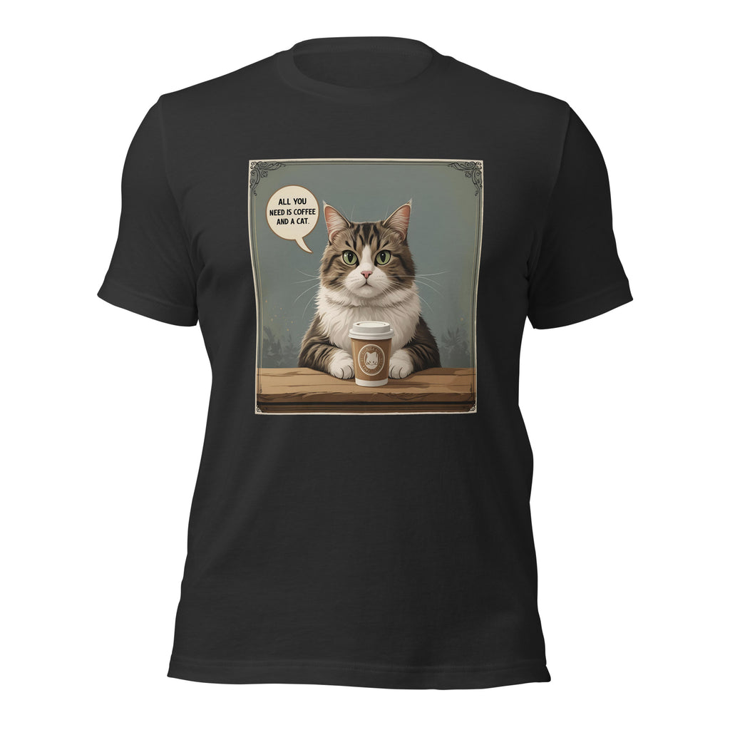 Front view of dark gray Christian pet lover unisex t-shirt featuring cat and coffee cup design.
