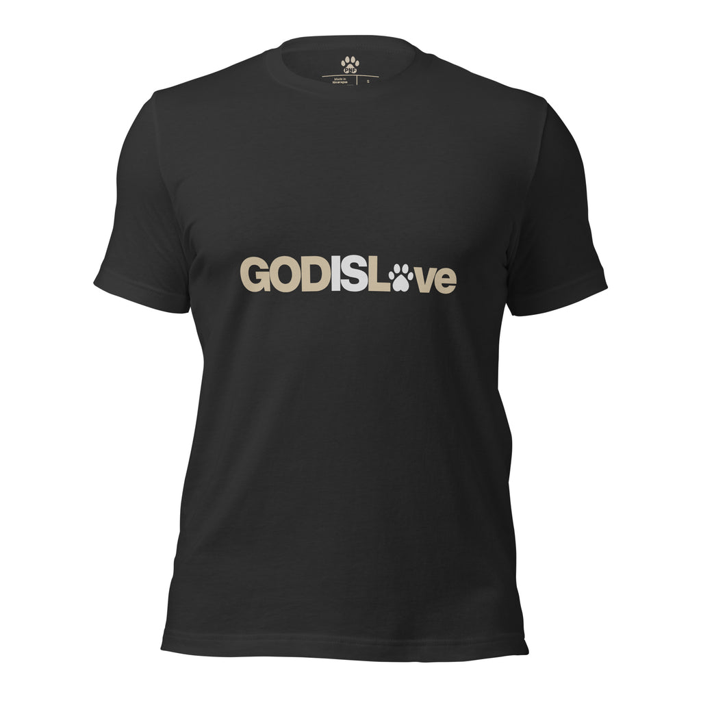 Dark grey unisex T-shirt featuring the GOD IS LOVE design with a paw print replacing the ‘O’ in ‘Love