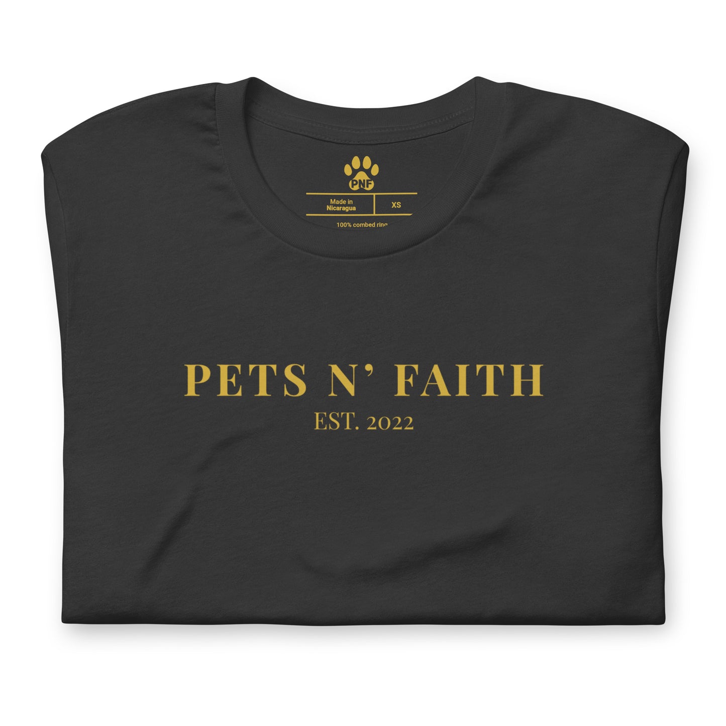 Dark grey t-shirt with 'PETS N' FAITH EST. 2022' text on a white background