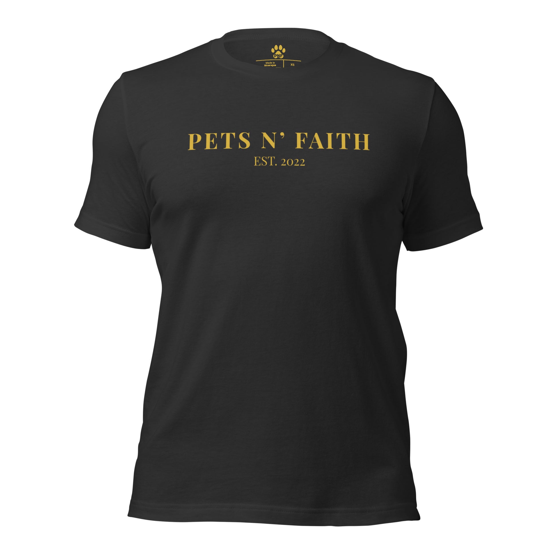 Dark grey t-shirt with 'PETS N' FAITH EST. 2022' text in gold on a white background