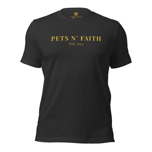 Dark grey t-shirt with 'PETS N' FAITH EST. 2022' text in gold on a white background