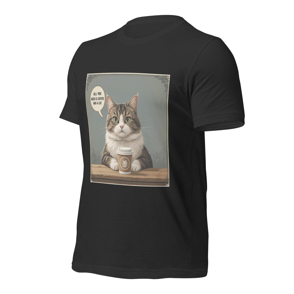 Angled view of dark gray Christian pet lover unisex t-shirt featuring cat and coffee cup design.