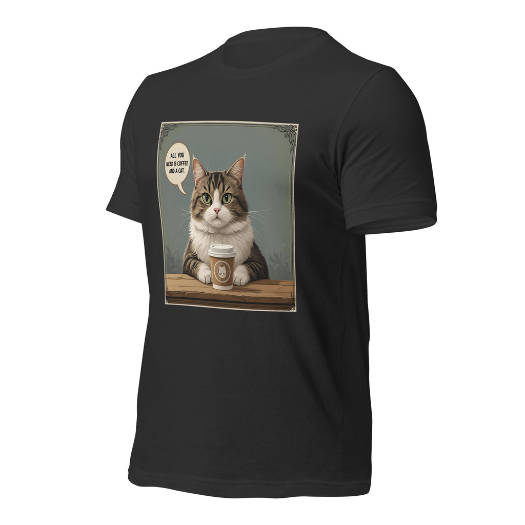 Front view of dark gray Christian pet lover unisex t-shirt featuring cat and coffee cup design.