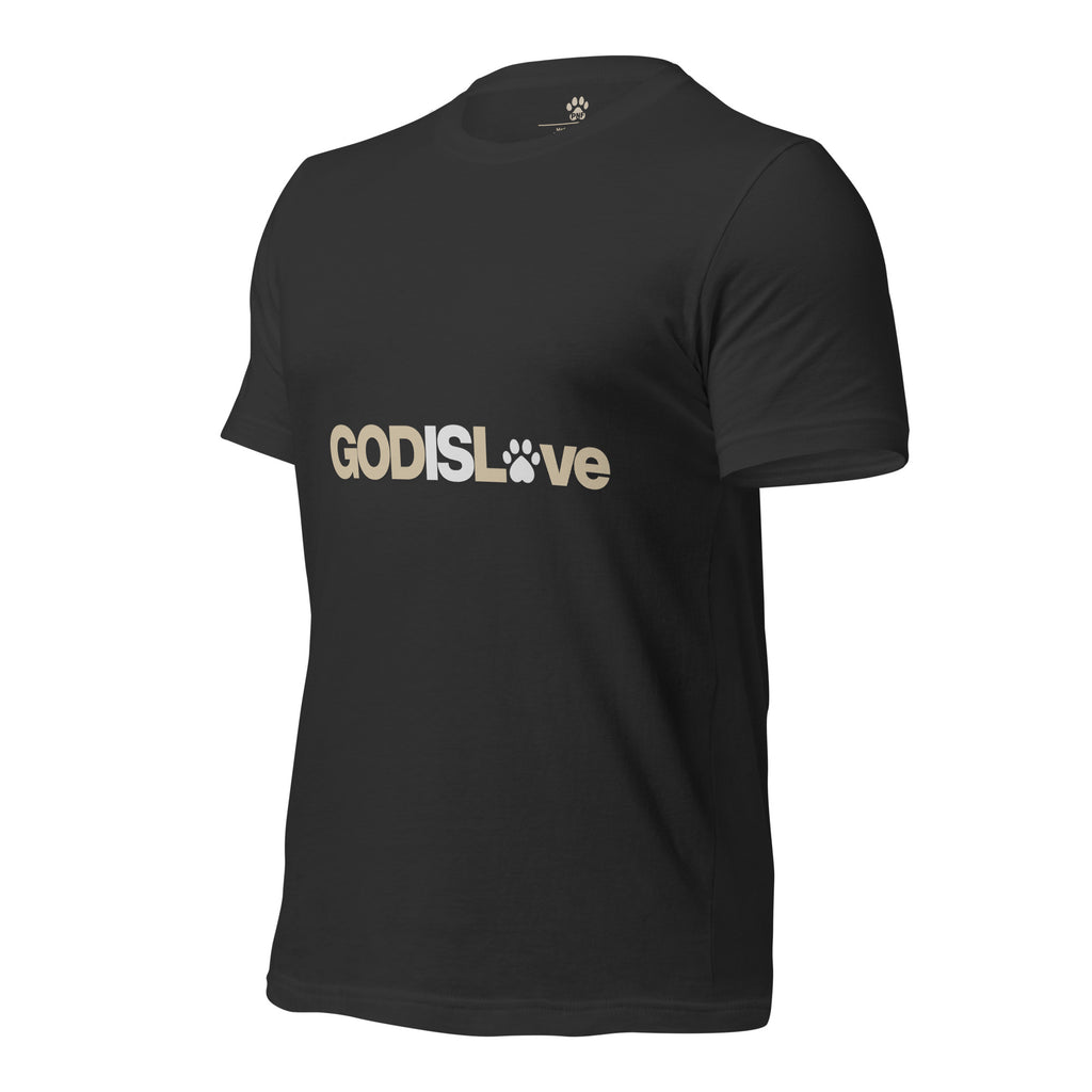 Dark grey unisex T-shirt featuring the GOD IS LOVE design with a paw print replacing the ‘O’ in ‘Love