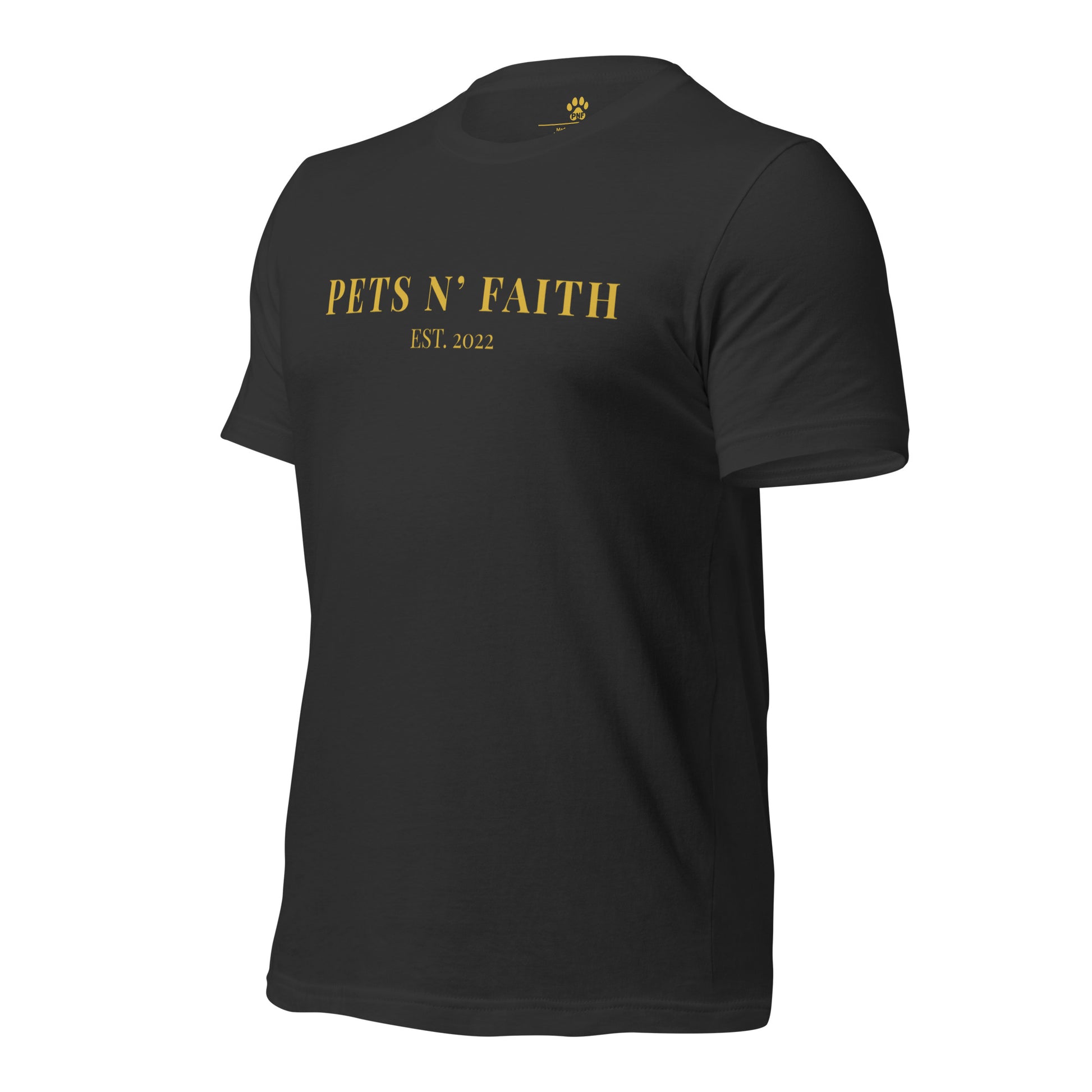 Dark grey t-shirt with 'PETS N' FAITH EST. 2022' text on a white background