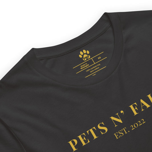Dark grey t-shirt with gold text and paw print logo on a white background