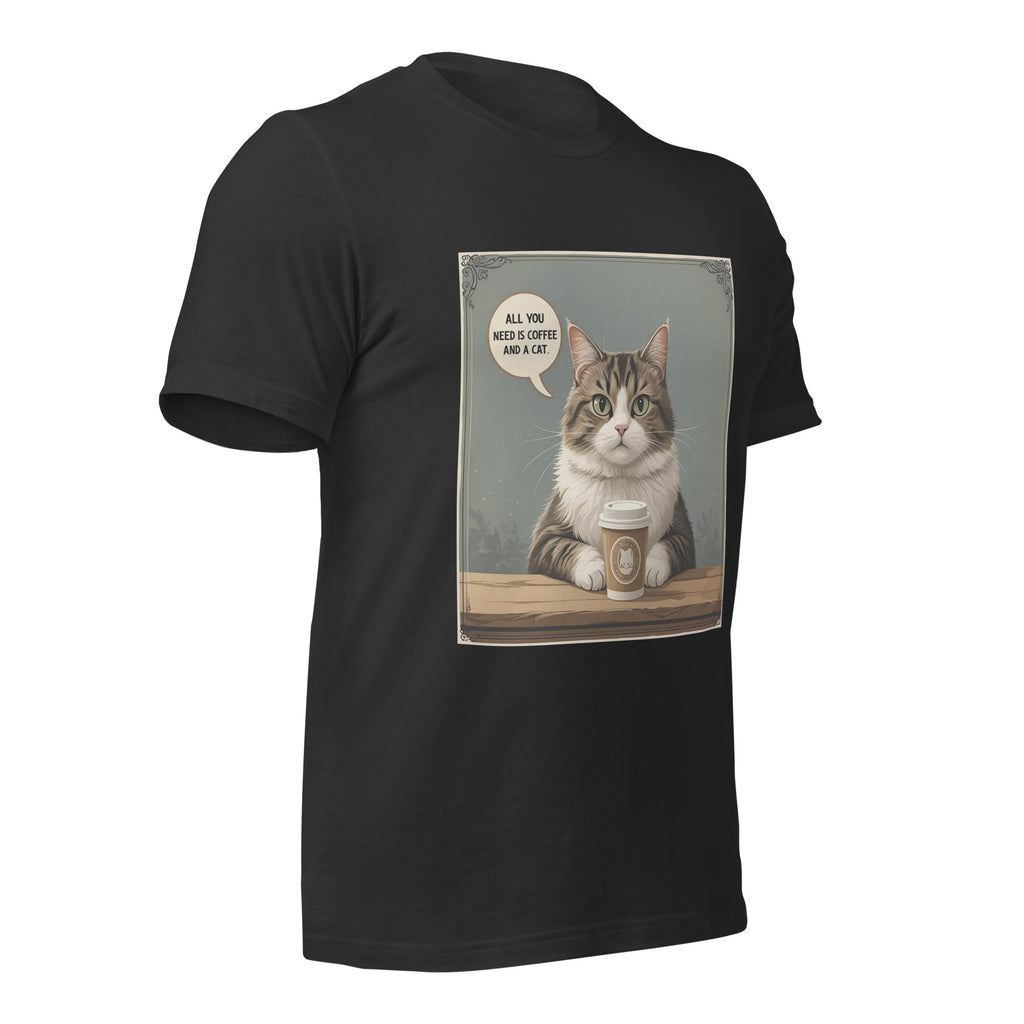 Side view of a dark gray Christian pet lover unisex t-shirt featuring cat and coffee cup design.