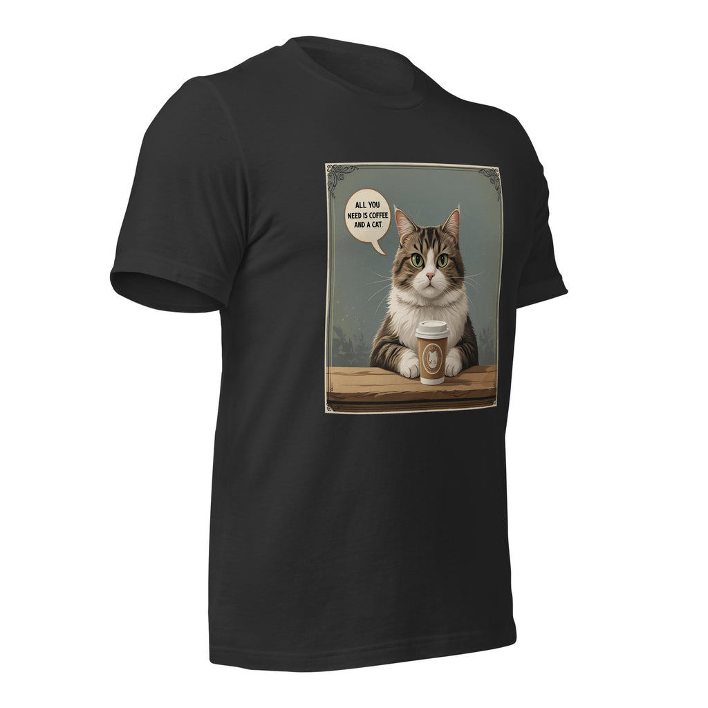 Front view of dark gray Christian pet lover unisex t-shirt featuring cat and coffee cup design.