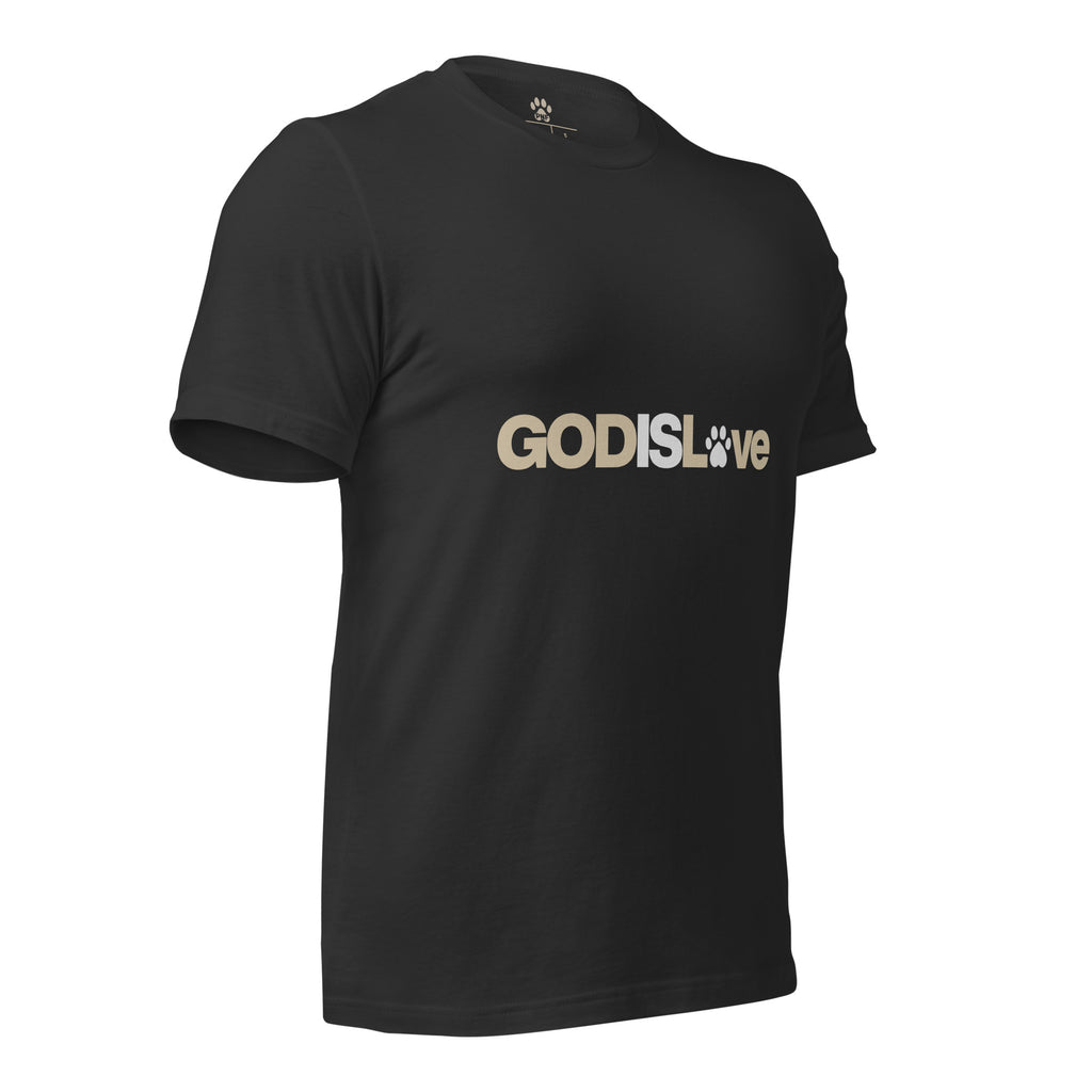 Dark grey unisex T-shirt featuring the GOD IS LOVE design with a paw print replacing the ‘O’ in ‘Love