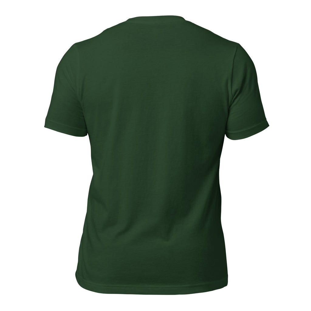 Back view of Forest green Pets N Faith unisex dog t-shirt with Proverbs 12:10 scripture and layered dog silhouette graphic.