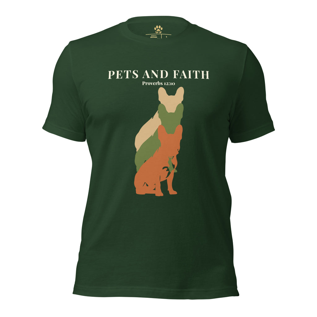 Front view of Forest green Pets N Faith unisex dog t-shirt with Proverbs 12:10 scripture and layered dog silhouette graphic.