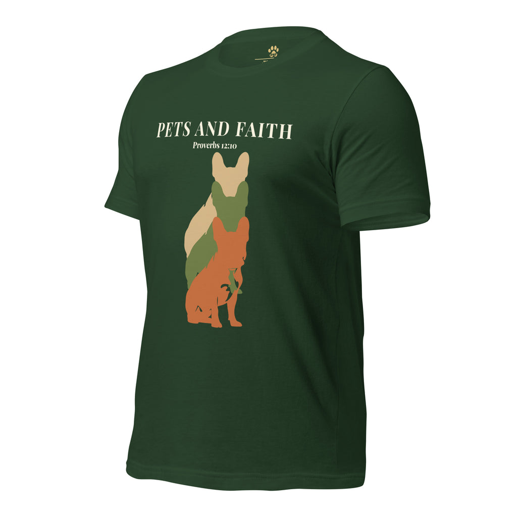 Side view of Forest green Pets N Faith unisex dog t-shirt with Proverbs 12:10 scripture and layered dog silhouette graphic.