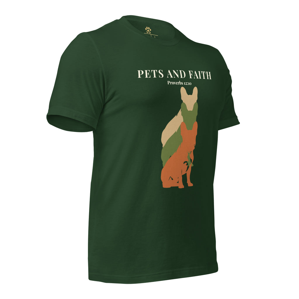 Side view of Forest green Pets N Faith unisex dog t-shirt with Proverbs 12:10 scripture and layered dog silhouette graphic.