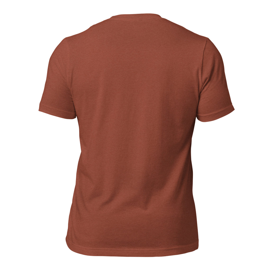 Back view of autumn Pets N Faith unisex cat t-shirt with ‘God’s Love One Paw at a Time’ text and layered cat silhouette design