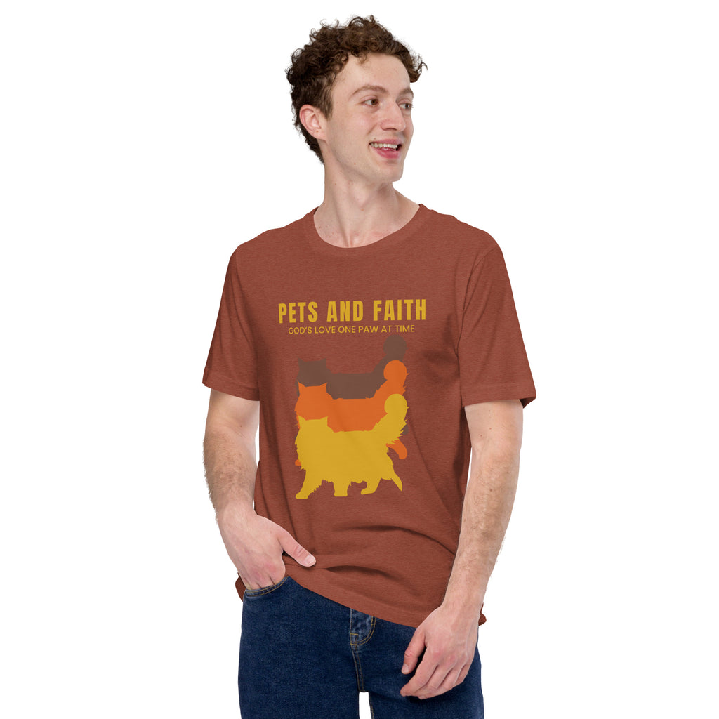 Man wearing autumn Pets N Faith unisex cat t-shirt with ‘God’s Love One Paw at a Time’ text and layered cat silhouette design