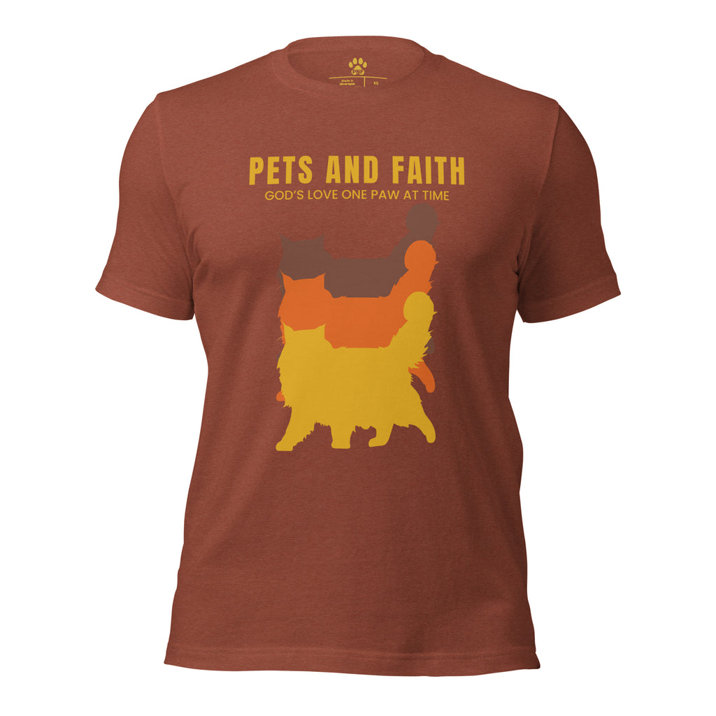 Front view of autumn Pets N Faith unisex cat t-shirt with ‘God’s Love One Paw at a Time’ text and layered cat silhouette design