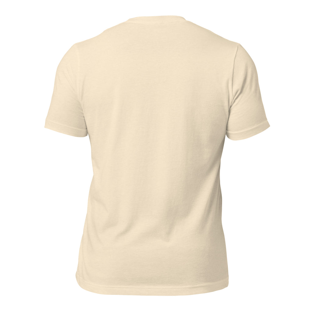 Back view of Heather Natural Pets N Faith unisex dog t-shirt with Luke 1:28 scripture and layered dog silhouette design.