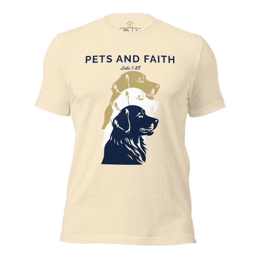 Heather Natural Pets N Faith unisex dog t-shirt with Luke 1:28 scripture and layered dog silhouette design.