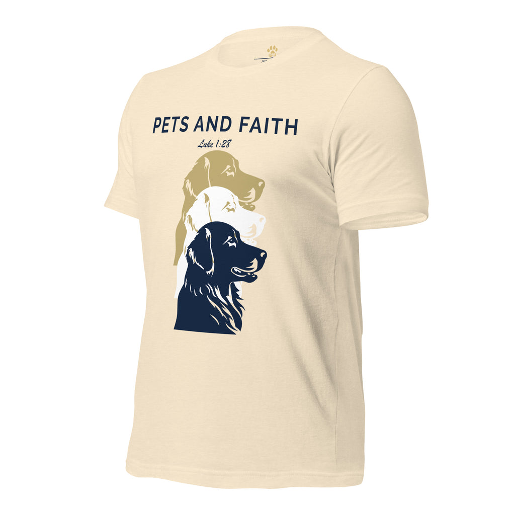 Side view of Heather Natural Pets N Faith unisex dog t-shirt with Luke 1:28 scripture and layered dog silhouette design.