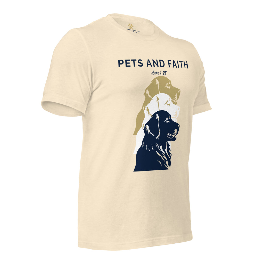 Side view of Heather Natural Pets N Faith unisex dog t-shirt with Luke 1:28 scripture and layered dog silhouette design.