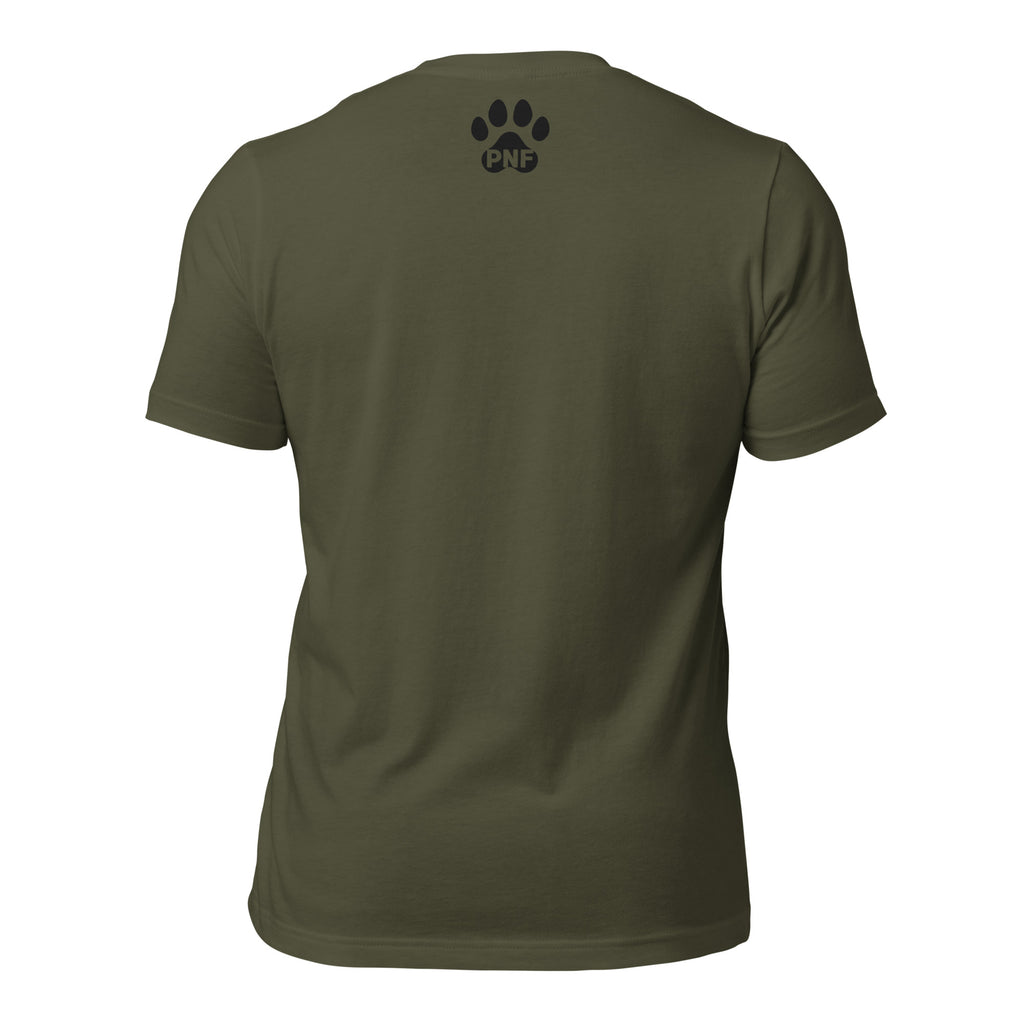 Back view of black Christian pet lover unisex t-shirt with black PNF paw print.