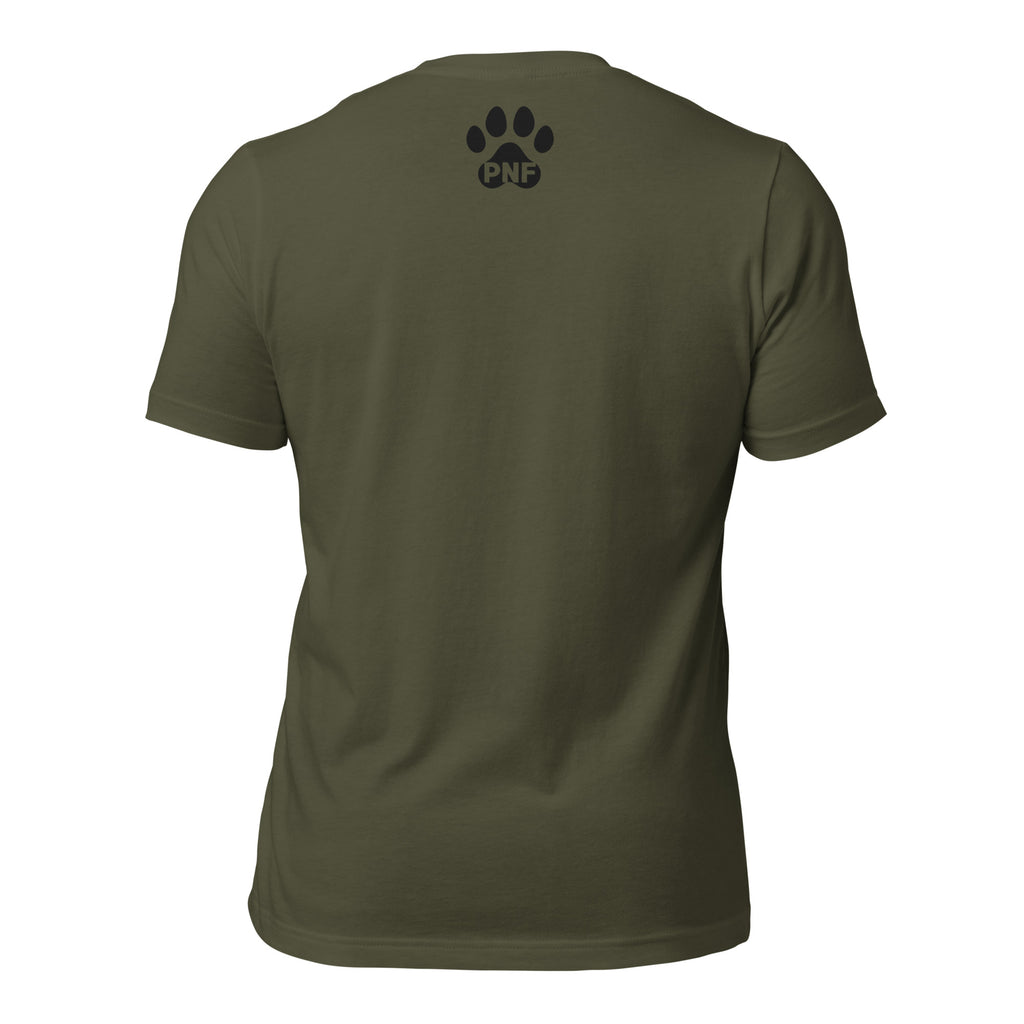 Back view of military green Christian pet lover unisex t-shirt featuring cat and coffee cup design.